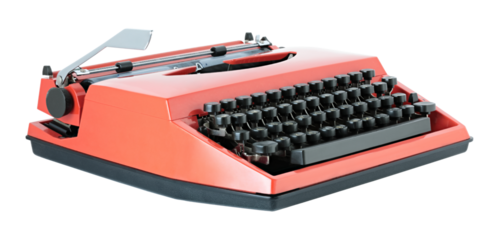 Red vintage typewriter isolated on transparent background. Retro office machine perfect for writing concepts, literature themes, creative design, and nostalgic projects