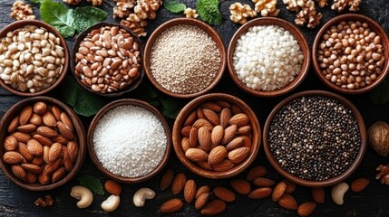 A vibrant collection of various nuts and seeds in small bowls on a wooden surface