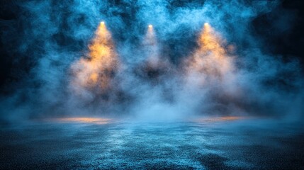 A stage shrouded in fog with colorful lights creating an enchanting atmosphere