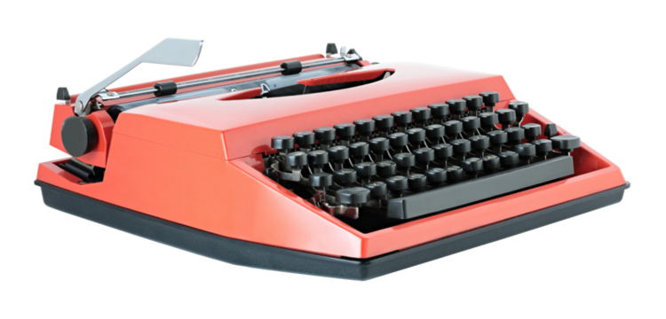 Red vintage typewriter isolated on transparent background. Retro office machine perfect for writing concepts, literature themes, creative design, and nostalgic projects