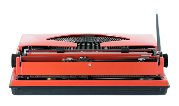 Red vintage typewriter isolated on transparent background. Retro office machine perfect for writing concepts, literature themes, creative design, and nostalgic projects