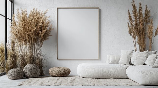 Cozy interior featuring a large blank canvas and soft furnishings with natural textures