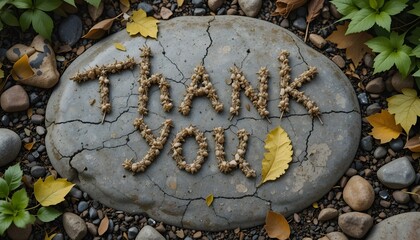 Fototapeta premium “Thank You ” message written with leaves or stones in a garden setting.