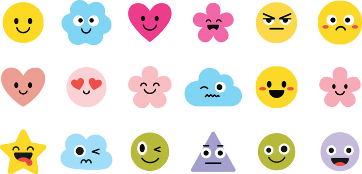 Collection of cute cartoon characters with different emotions and faces