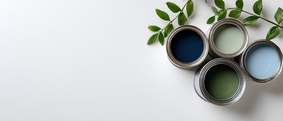 Various paint cans and fabric swatches create a vibrant display with natural accents, highlighting ideas for home decoration projects