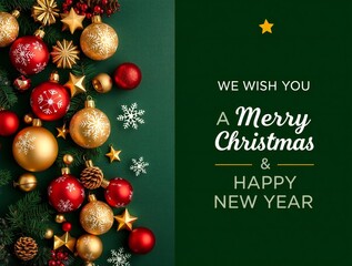 Festive christmas ornaments and greenery with merry christmas and happy new year message