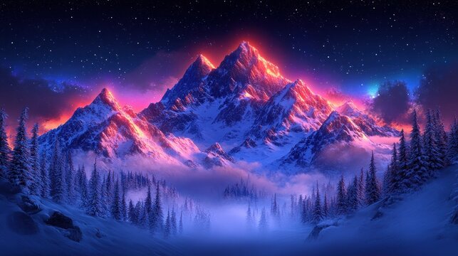 Colorful peaks rise dramatically as the night stars twinkle above a misty forest