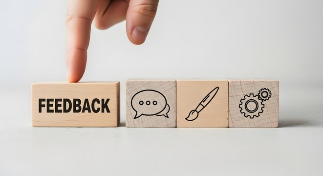 Finger pointing at wooden block with feedback word and icons