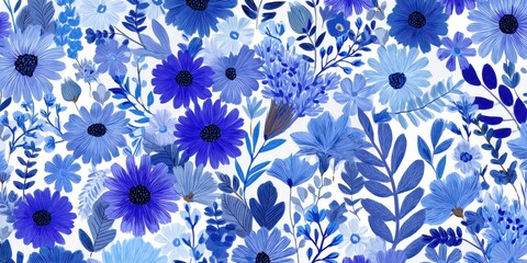 Fototapeta premium Vibrant floral pattern featuring various blue flowers and leaves, creating a harmonious and artistic design suitable for backgrounds and textile applications