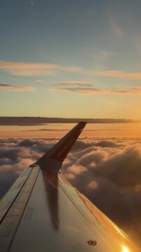 Vertical video from the airplane window. Dawn from the airplane. Travel and tourism, view from the passenger window of a modern airplane, vertical video. Transportation between countries a