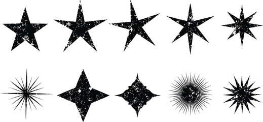 Collection of distressed black star shapes with grunge texture