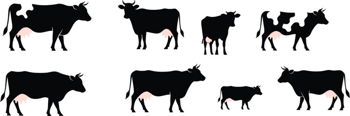 Cow silhouette illustration, farm animal vector, cattle shapes design, dairy livestock art, agriculture concept, udders highlighted, rural farming graphic