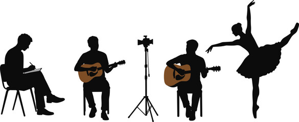 Creative artist silhouettes, writer drawing, musician guitarist, acoustic performance, ballet dancer, camera tripod, art expression, music dance, vector illustration, design
