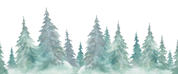 Watercolor winter forest border featuring hand-painted evergreen trees in soft teal and blue tones. Seamless horizontal landscape ideal for Christmas designs. Vector EPS.