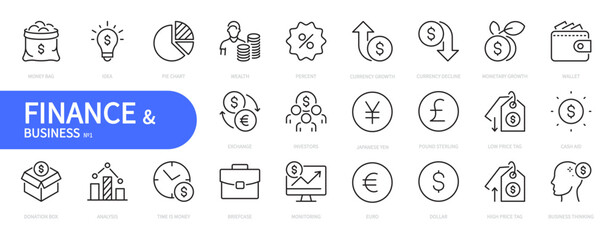 Finance & business icon set. Currency, money, euro, dollar, wealth, percent, briefcase, money bag, idea, pie chart, analysis, time is money, exchange, investors. Vector illustration. Editable stroke.