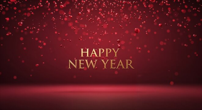3d render of a happy new year background/festive background with glimmering ruby red particles over deep burgundy gradient,