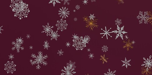 Abstract background featuring falling snowflakes with silver and gold details on a maroon backdrop ideal for winter designs