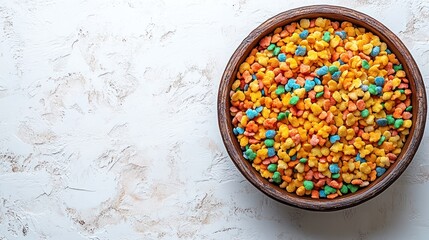 Brightly colored cereal fills a wooden bowl, ready to start the day with vibrant energy