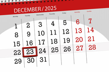 Calendar 2025, deadline, day, month, page, organizer, date, December, tuesday, number 23