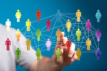 Abstract image of a human network connecting people, representing teamwork, communication, and digital interaction. Great for concept