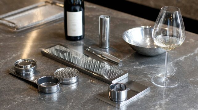 Metal Tasting Tools and Wine Displayed on a Sleek Stainless Steel Counter in a Modern Tasting Environment