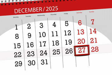 Calendar 2025, deadline, day, month, page, organizer, date, December, saturday, number 27