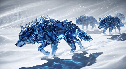 Crystal Pack A Majestic Trek of Ice Wolves Through Frozen Landscapes