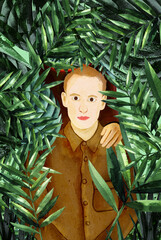 Ilustracja portret młodego mężczyzny z dłonią kobiety na ramieniu.  © Monika