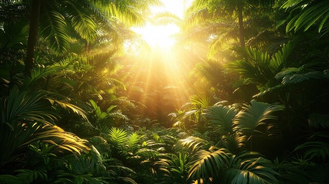 Golden rays of sunlight shine through vibrant green leaves in a tranquil jungle setting