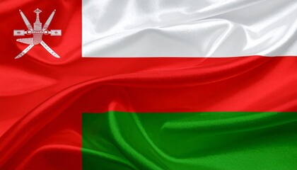 Flag of Oman with Emblem on Red Vertical Stripe and Horizontal White, Red, and Green Bands