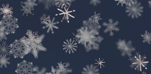 Artistic illustration of a snowflakes pattern against a deep blue backdrop for winter holidays, christmas cards or other des