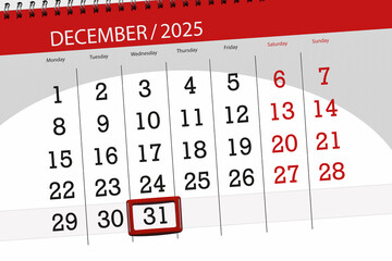 Calendar 2025, deadline, day, month, page, organizer, date, December, wednesday, number 31