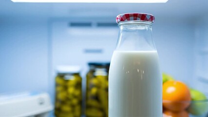 Milk bottle on refrigerator shelf, kitchen interior detail