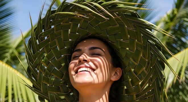 Joyful woman wearing a large palm leaf hat under tropical sunlight