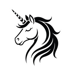 A majestic unicorn head with flowing mane and closed eyes, isolated on, showcasing its mythical beauty and graceful form in a simple yet elegant design