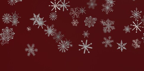 Christmas background with snowflakes. Winter season holiday backdrop. Falling snow effect on a red background. Festive feeli