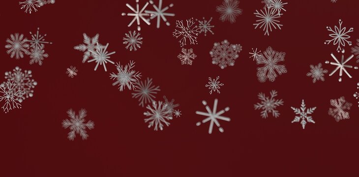 Christmas background with snowflakes. Winter season holiday backdrop. Falling snow effect on a red background. Festive feeli