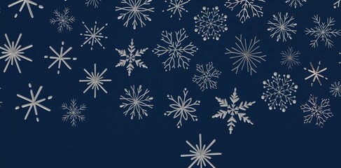 Abstract winter background with snowflakes. Silver snowflakes on a deep blue background. Christmas, New Year, winter season.