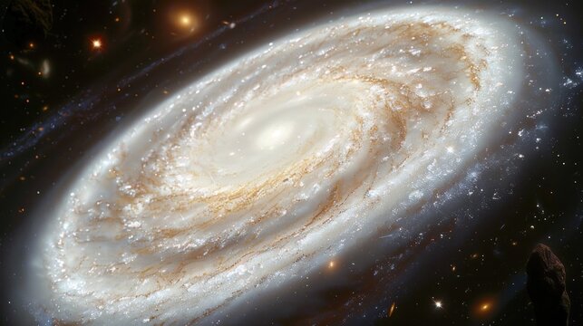 A bright spiral galaxy glows against the dark backdrop of space