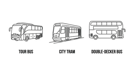 Line art illustration of a tour bus city tram and double decker bus