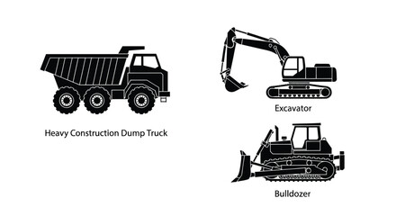 Heavy construction machinery dump truck excavator and bulldozer silhouettes