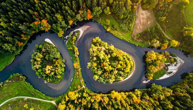 Winding river snakes through lush forest; aerial view with island formations and vibrant autumnal foliage on tree cover