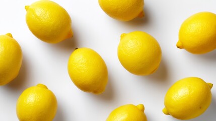 A fresh collection of bright yellow lemons scattered on a clean white background. This image captures the vibrant and juicy essence of lemons, perfect for food and health themes. AI