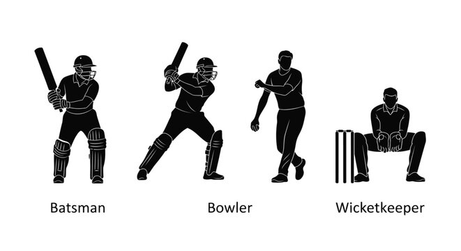 Silhouette illustrations of cricket players in action batsman bowler and wicketkeeper