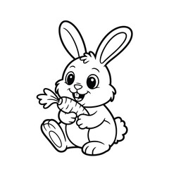 Fototapeta premium Cute cartoon rabbit isolated on a happy bunny holding a carrot easter illustration for coloring book or page