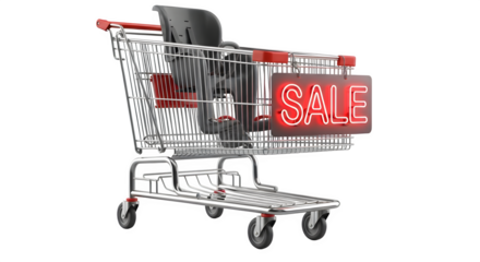 A shopping cart with a neon red sale sign, representing a commercial promotion and discount, isolated on transparent background