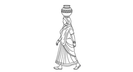 A simple line drawing depicts a woman carrying a pot on her head