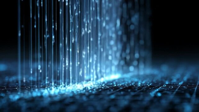 Digital Rain Abstract: A visual portrayal of digital rain, with data streams cascading downwards. Lines of code represent the flow of information in a digital world.