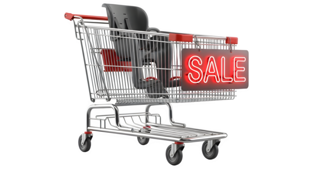 A shopping cart with a neon red sale sign, representing a commercial promotion and discount, isolated on transparent background