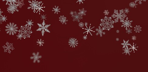 Christmas snowflakes falling against a dark red backdrop. Festive winter design for holiday decorations and cards.